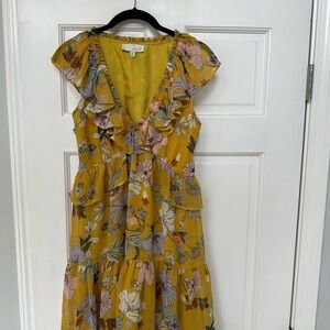 Pinch Mustard Floral Mini Easter Dress with Ruffle V-Neck